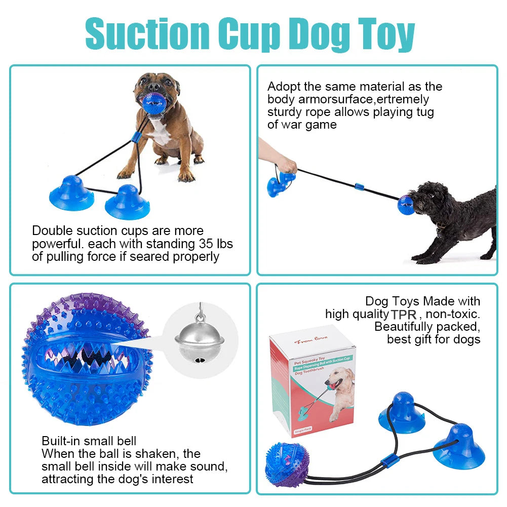 Dog Food Dispensing Rope Ball Pull Toy Double Silicon Suction Cups Pet Squeaky Toothbrush Cleaning Chew Feeding Playing Supply